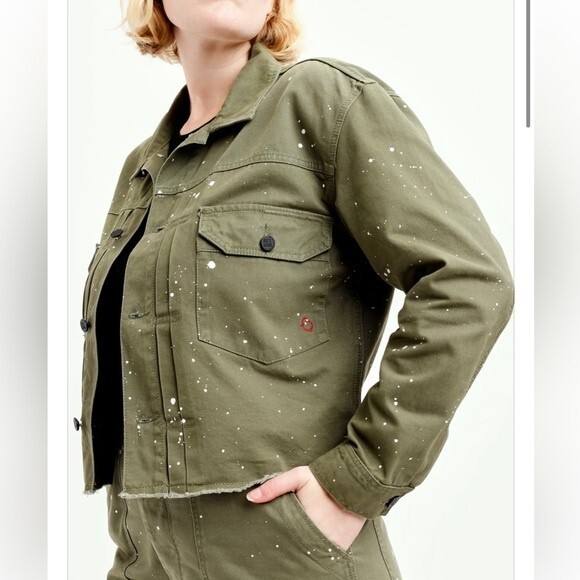 NWT Oak & Acorn Painter Cropped Jacket Sage Green Cotton Splatter L - Picture 2 of 13